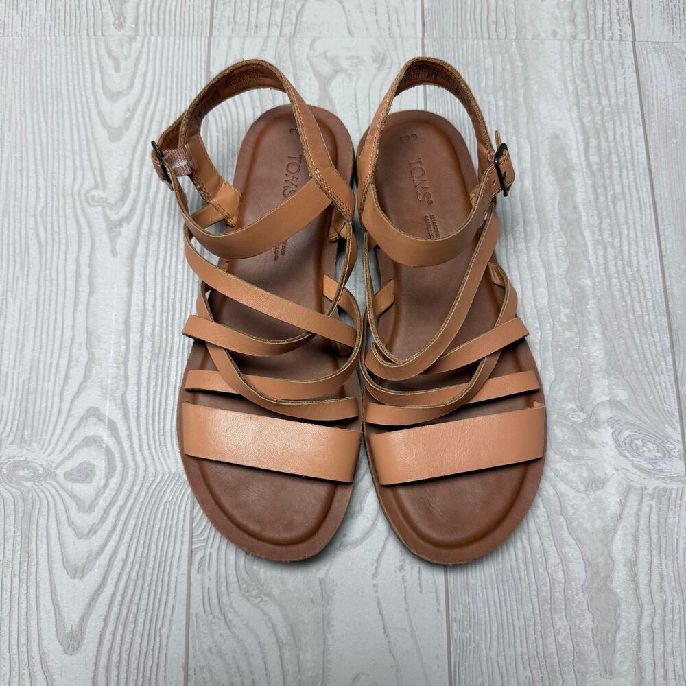 TOMS Women’s Size 6.5 Tan Brown Leather Strappy Flat Sandals Ankle Buckle